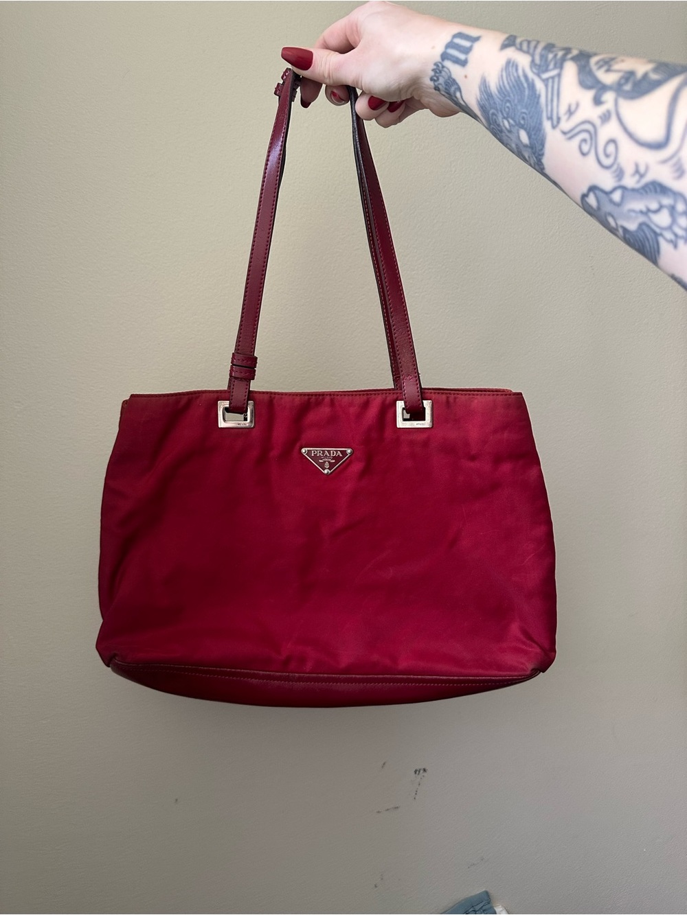 Prada Burgundy Nylon Shoulder Bag with Leather Straps